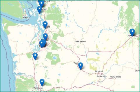 Map of Washington state highlighting climate action projects