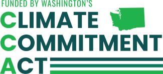 Logo with profile of Washington state and green letters that say: Funded by Washington's Climate Commitment Act