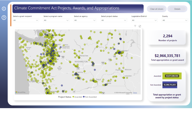 Map showing where Climate Commitment Act funds have been awarded